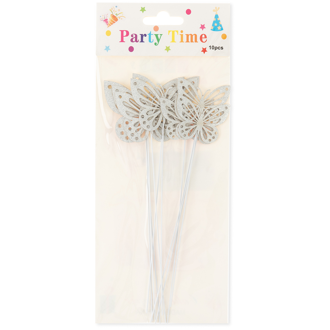 Топперы, Ажурные бабочки, Серебро, 18 см, 10 шт.