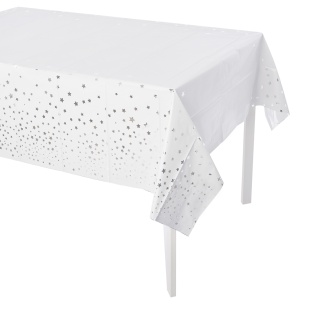 Скатерть одноразовая, Звезды Микс, Белый/Серебро, Металлик, 137*183 см, 1 шт.