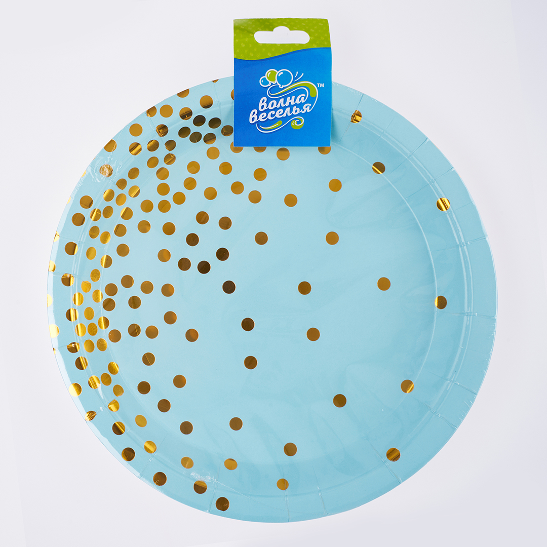 Тарелки (9''/23 см) Конфетти, Светло-голубой/Золото, Металлик, 6 шт.