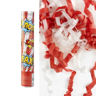 Пневмохлопушка (12/30 см), Цирк, Яркий праздник, Серпантин тишью, Красный/Белый, 1 шт.