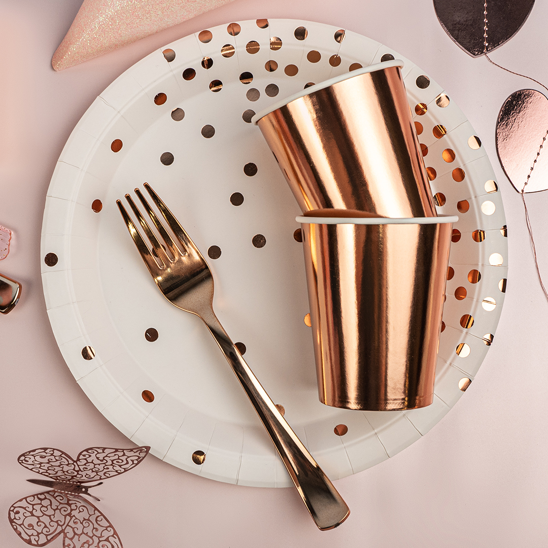 Тарелки (9''/23 см) Конфетти, Белый/Розовое золото, Металлик, 6 шт.