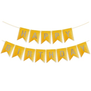 Гирлянда Флажки, Happy Birthday, Золото/Серебро, Металлик, с блестками, 350 см, 17*12 см, 1 упак.