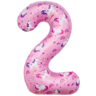 Шар (34''/86 см) Цифра, 2 Волшебные единороги, Розовый, 1 шт. в уп.