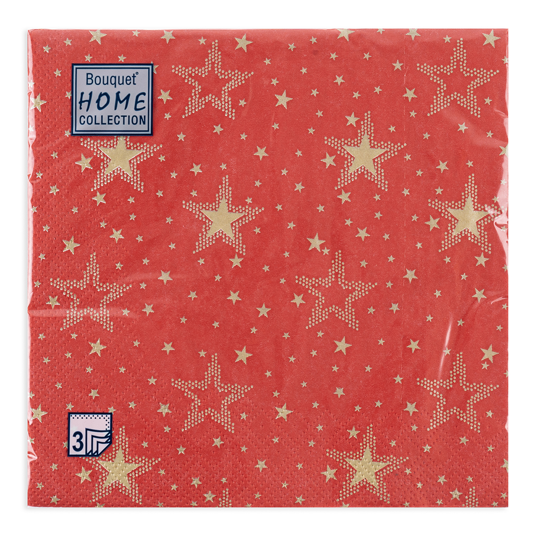 Сервировочные салфетки, Золотые звезды, Красный, 33*33 см, 20 шт.