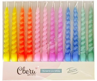 Свечи Яркие спирали, Ассорти, 0,7*8 см, 12 шт.