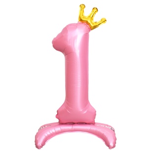 Шар (32''/81 см) Цифра на подставке, 1 Золотая корона, Розовый, 1 шт. в уп.
