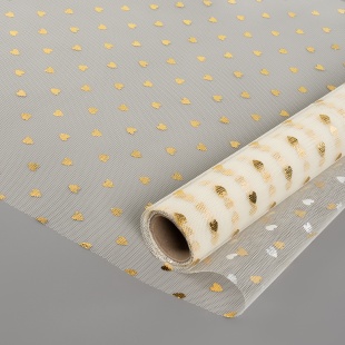 Фатин в рулоне (0,5*4,57 м) Золотые сердечки, Кремовый, Металлик, 1 шт.