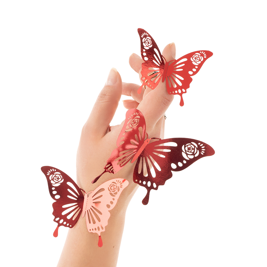 Наклейки Цветочные бабочки, Красный, 8-12 см*12 шт, 1 упак.