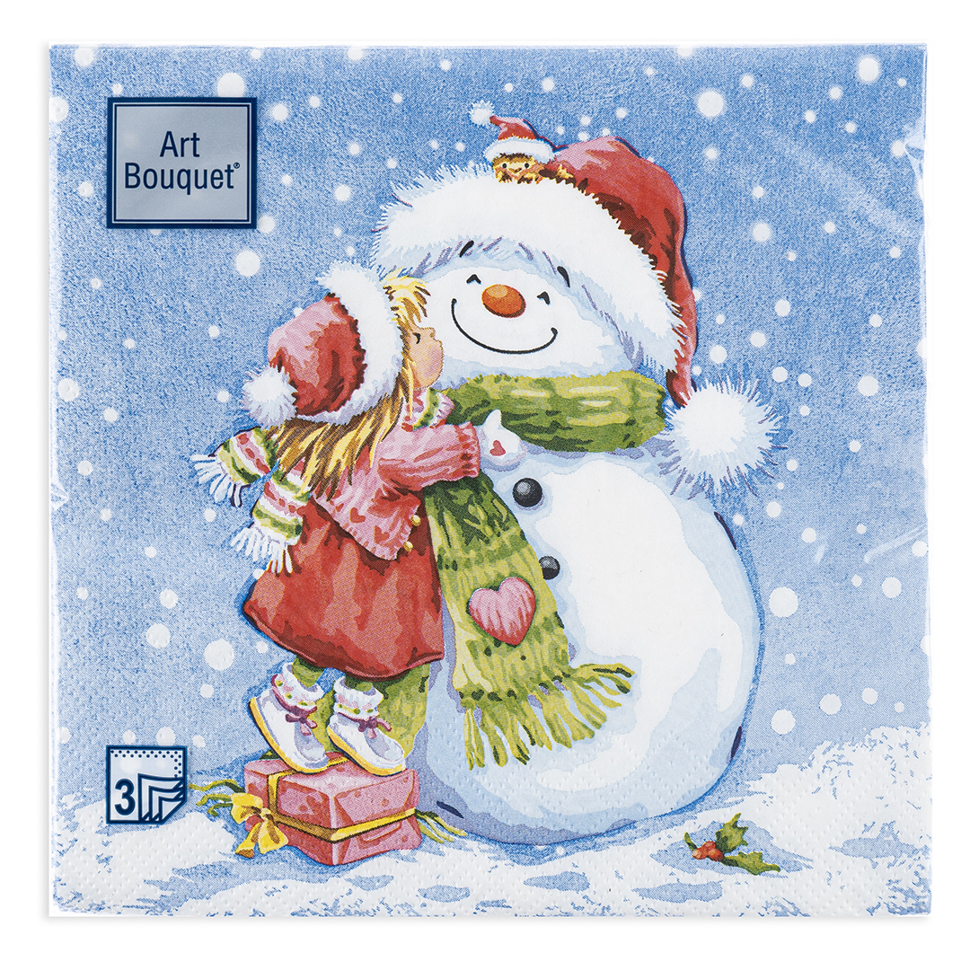 Сервировочные салфетки, Снеговик и девочка, Голубой, 33*33 см, 20 шт.
